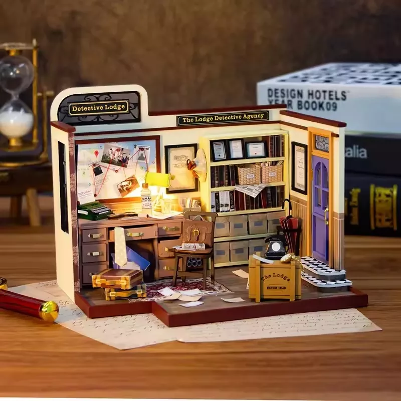 Detective Lodge Dollhouse Kit – Miniature Wizardi Roombox Kit with LED Light F07M51-82-PC2308