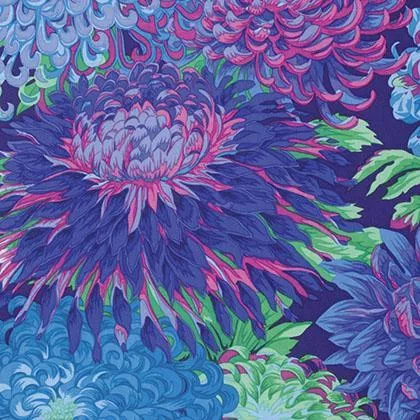 Kaffe Fassett Japanese Chrysanthemum Blue Fabric – End of Bolt – 21″ × 44/45″