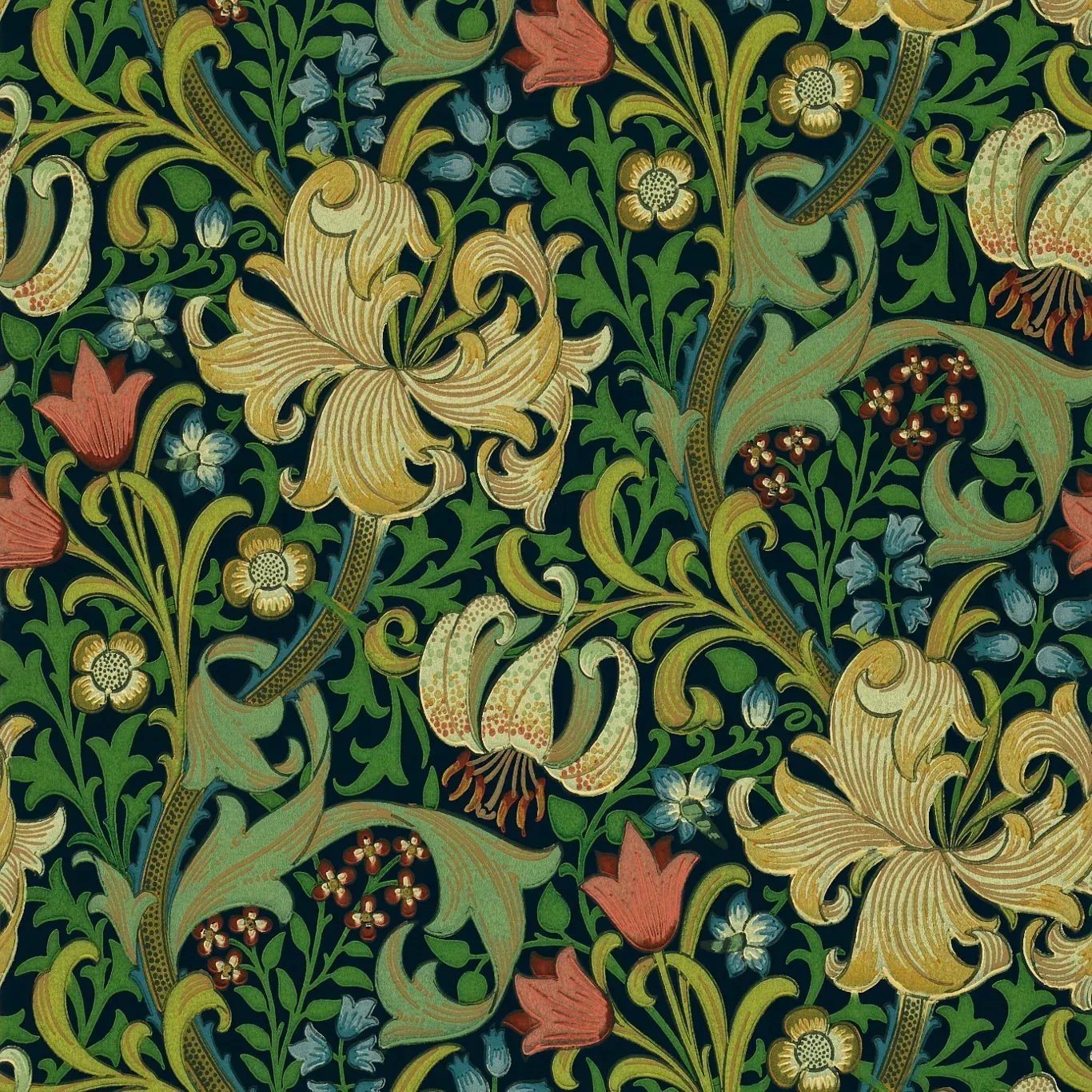 MORRIS & CO Golden Lily Wallpaper Leaves , Trees IndigoSurface- Printed Wallpaper - DMI1G3101