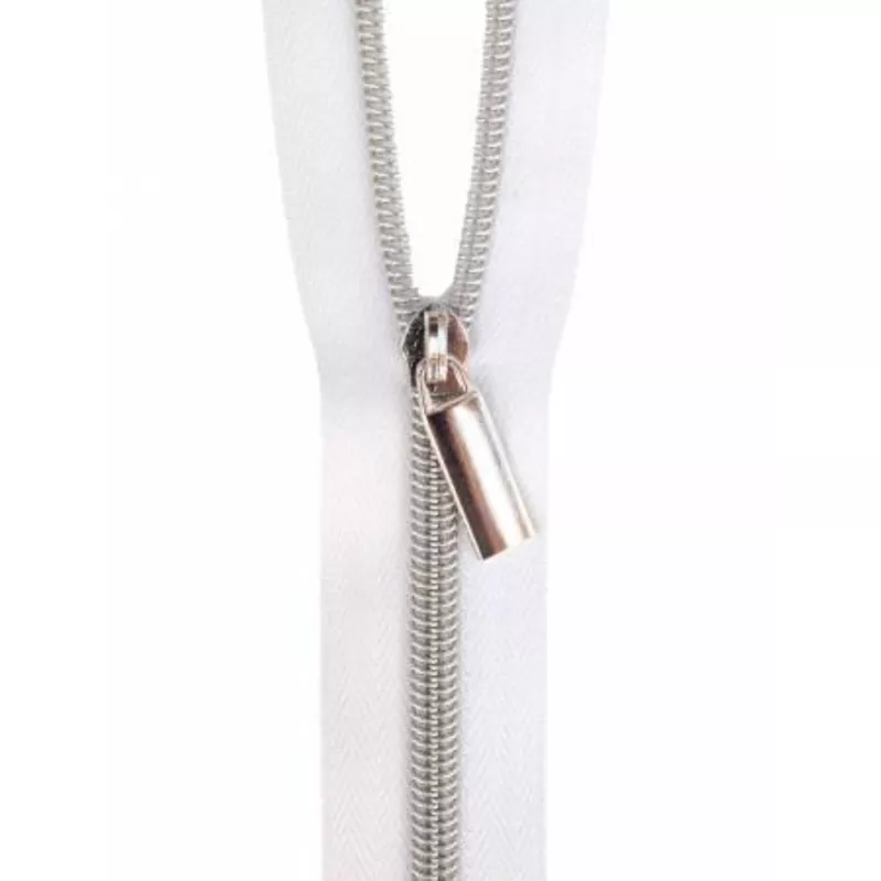 Zippers By The Yard White Tape 3 yds #5 nylon coil & 9 nickel pulls