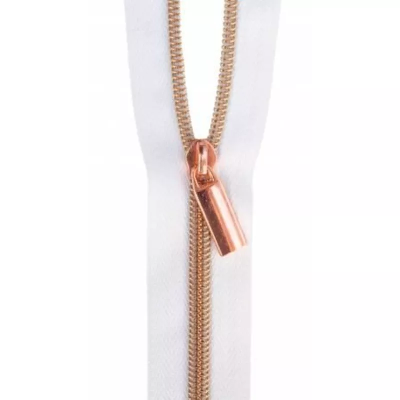 Zippers By The Yard White Tape 3 yds #5 nylon coil & 9 rose gold pulls
