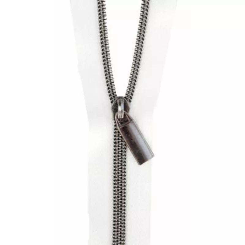 Zippers By The Yard White Tape Gunmetal pulls